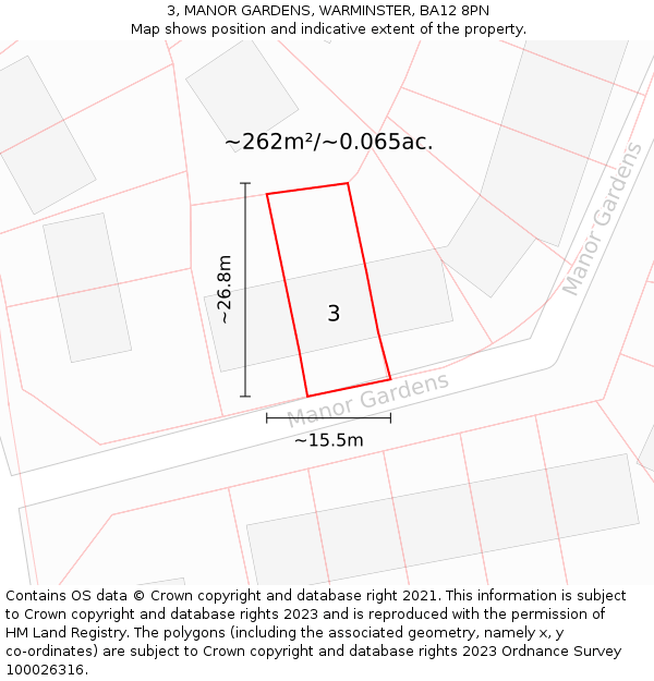 3, MANOR GARDENS, WARMINSTER, BA12 8PN: Plot and title map