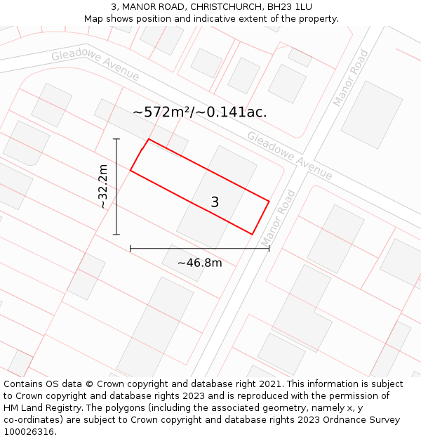 3, MANOR ROAD, CHRISTCHURCH, BH23 1LU: Plot and title map