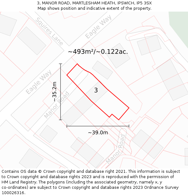 3, MANOR ROAD, MARTLESHAM HEATH, IPSWICH, IP5 3SX: Plot and title map