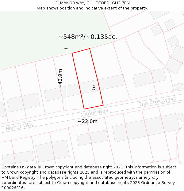 3, MANOR WAY, GUILDFORD, GU2 7RN: Plot and title map