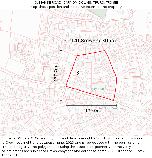 3, MANSE ROAD, CARNON DOWNS, TRURO, TR3 6JE: Plot and title map