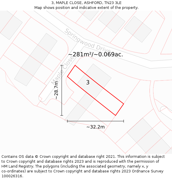 3, MAPLE CLOSE, ASHFORD, TN23 3LE: Plot and title map