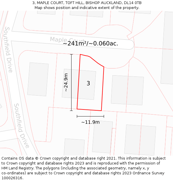 3, MAPLE COURT, TOFT HILL, BISHOP AUCKLAND, DL14 0TB: Plot and title map