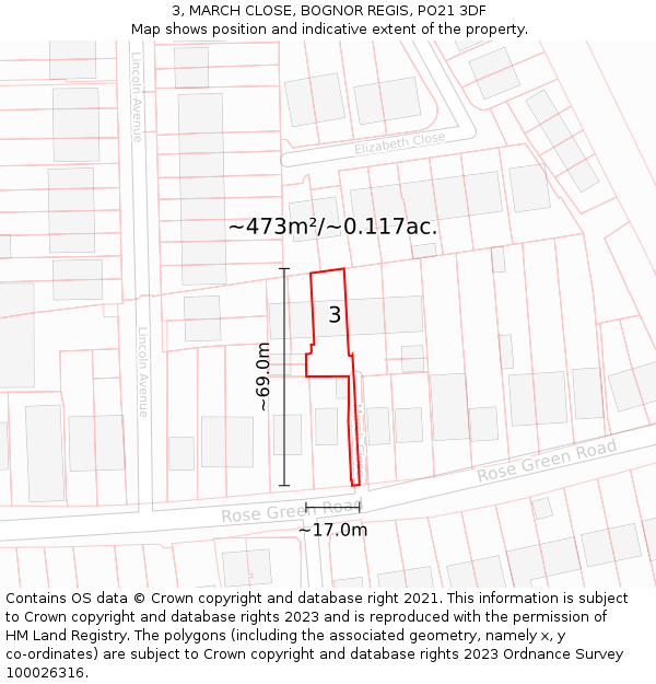 3, MARCH CLOSE, BOGNOR REGIS, PO21 3DF: Plot and title map