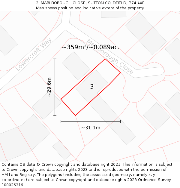 3, MARLBOROUGH CLOSE, SUTTON COLDFIELD, B74 4XE: Plot and title map