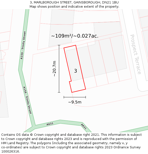 3, MARLBOROUGH STREET, GAINSBOROUGH, DN21 1BU: Plot and title map