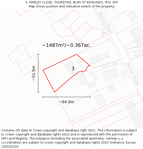 3, MARLEY CLOSE, THURSTON, BURY ST EDMUNDS, IP31 3NT: Plot and title map