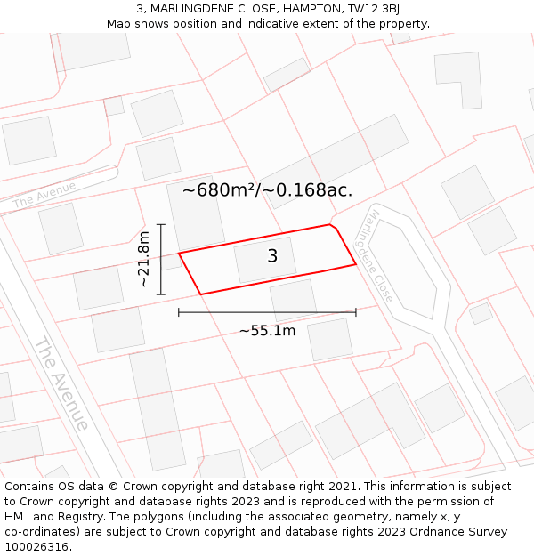 3, MARLINGDENE CLOSE, HAMPTON, TW12 3BJ: Plot and title map