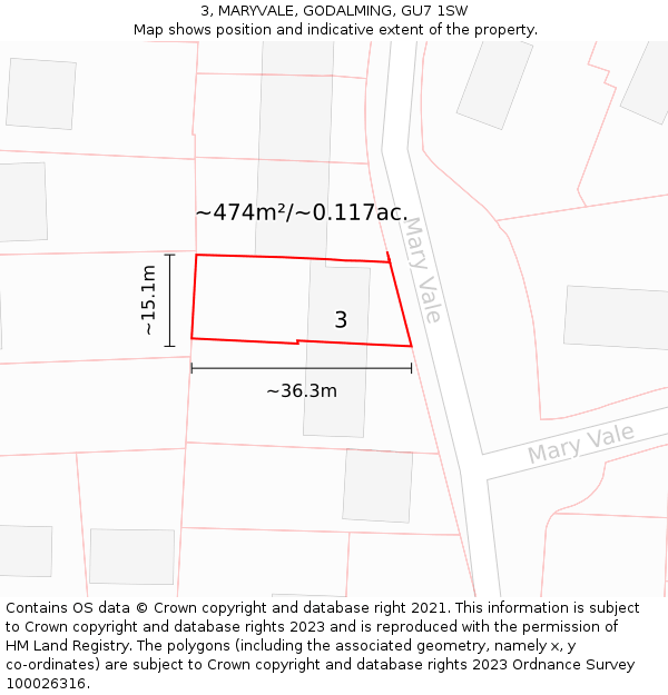 3, MARYVALE, GODALMING, GU7 1SW: Plot and title map