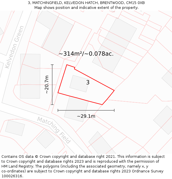 3, MATCHINGFIELD, KELVEDON HATCH, BRENTWOOD, CM15 0XB: Plot and title map