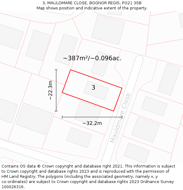 3, MAULDMARE CLOSE, BOGNOR REGIS, PO21 3SB: Plot and title map