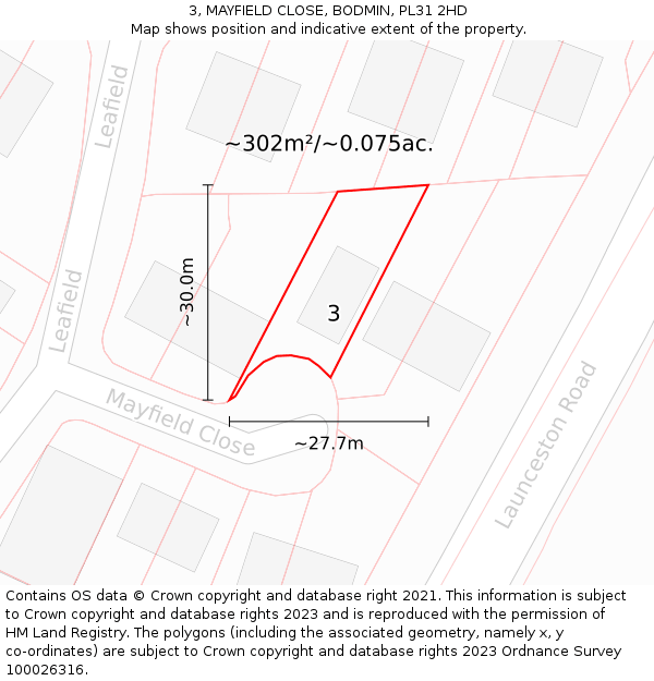 3, MAYFIELD CLOSE, BODMIN, PL31 2HD: Plot and title map