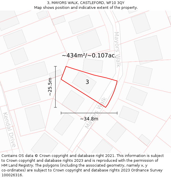 3, MAYORS WALK, CASTLEFORD, WF10 3QY: Plot and title map