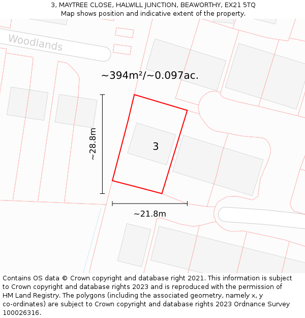 3, MAYTREE CLOSE, HALWILL JUNCTION, BEAWORTHY, EX21 5TQ: Plot and title map