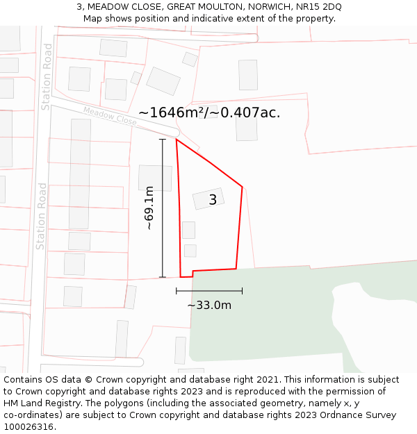 3, MEADOW CLOSE, GREAT MOULTON, NORWICH, NR15 2DQ: Plot and title map