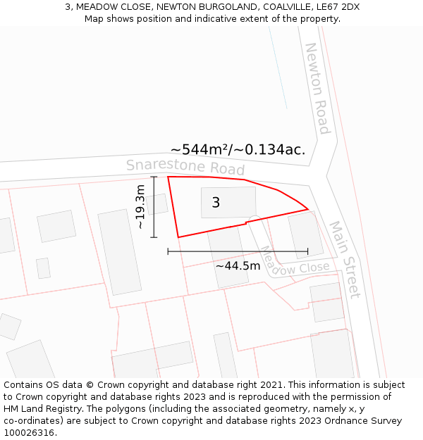 3, MEADOW CLOSE, NEWTON BURGOLAND, COALVILLE, LE67 2DX: Plot and title map