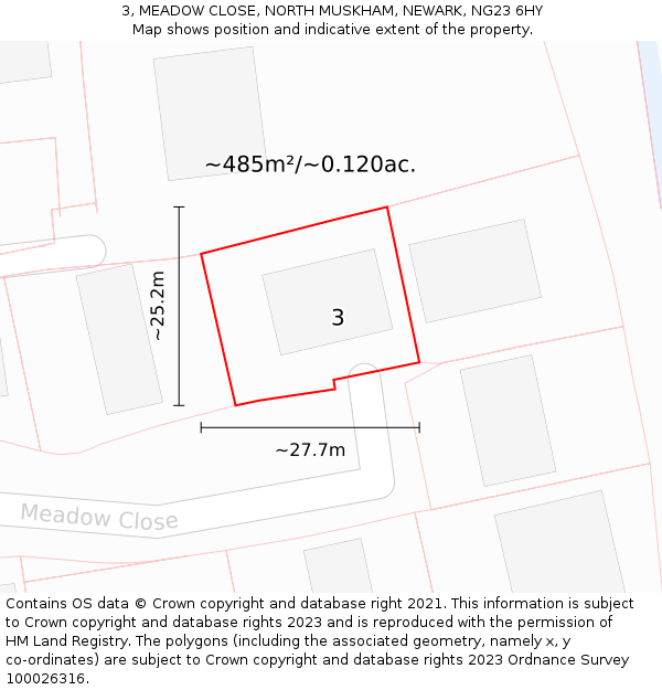 3, MEADOW CLOSE, NORTH MUSKHAM, NEWARK, NG23 6HY: Plot and title map