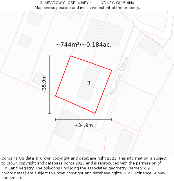 3, MEADOW CLOSE, VINEY HILL, LYDNEY, GL15 4NX: Plot and title map