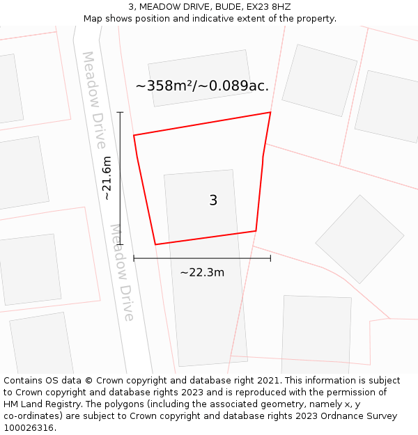 3, MEADOW DRIVE, BUDE, EX23 8HZ: Plot and title map