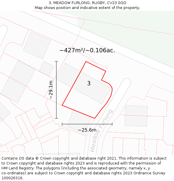 3, MEADOW FURLONG, RUGBY, CV23 0GG: Plot and title map