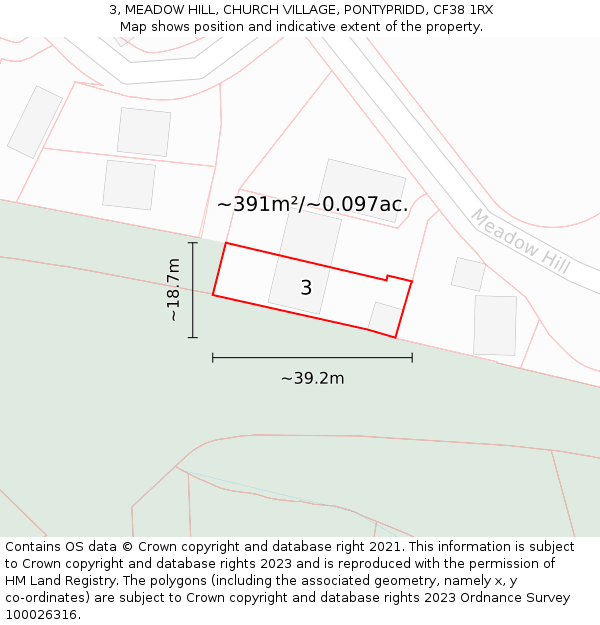 3, MEADOW HILL, CHURCH VILLAGE, PONTYPRIDD, CF38 1RX: Plot and title map