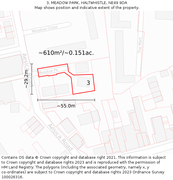 3, MEADOW PARK, HALTWHISTLE, NE49 9DA: Plot and title map