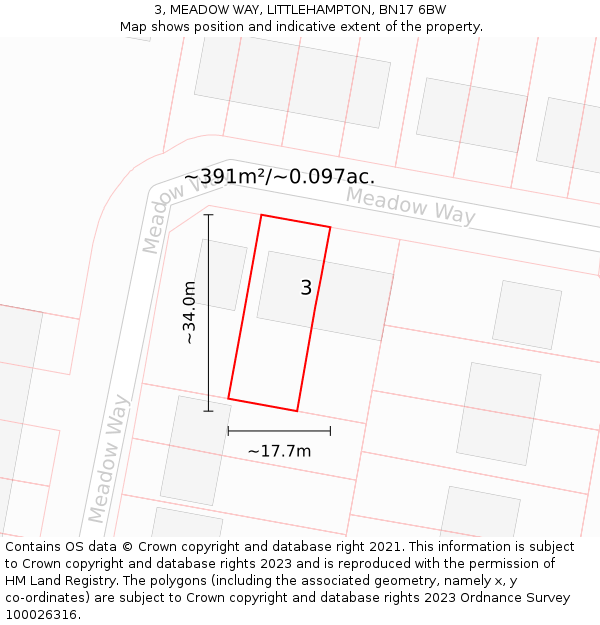 3, MEADOW WAY, LITTLEHAMPTON, BN17 6BW: Plot and title map