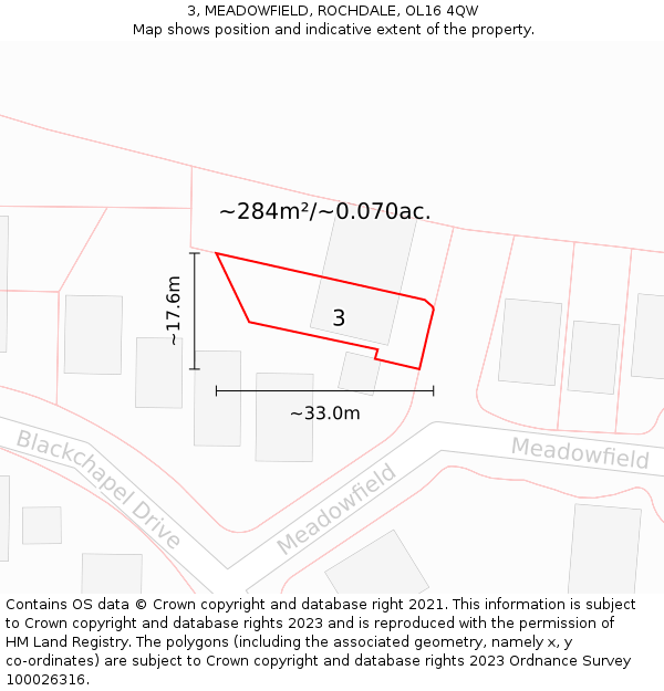 3, MEADOWFIELD, ROCHDALE, OL16 4QW: Plot and title map