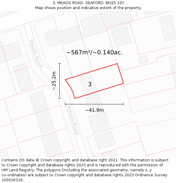 3, MEADS ROAD, SEAFORD, BN25 1SY: Plot and title map