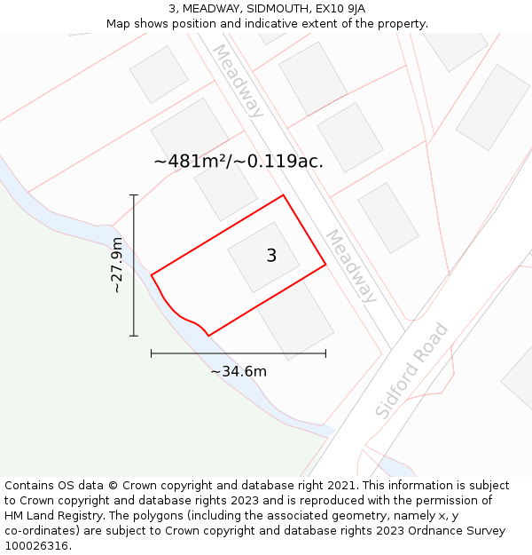 3, MEADWAY, SIDMOUTH, EX10 9JA: Plot and title map