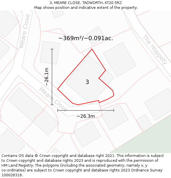 3, MEARE CLOSE, TADWORTH, KT20 5RZ: Plot and title map