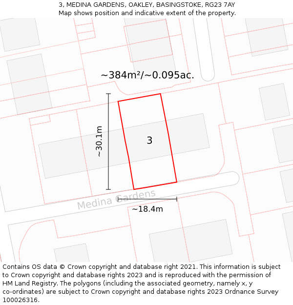 3, MEDINA GARDENS, OAKLEY, BASINGSTOKE, RG23 7AY: Plot and title map