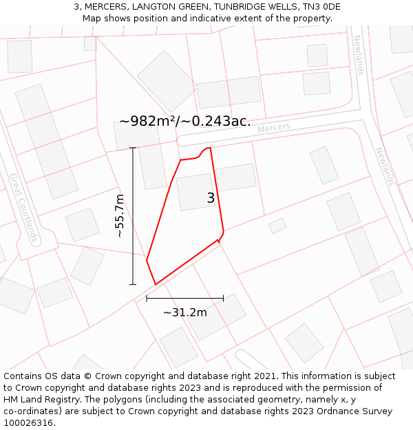 3, MERCERS, LANGTON GREEN, TUNBRIDGE WELLS, TN3 0DE: Plot and title map