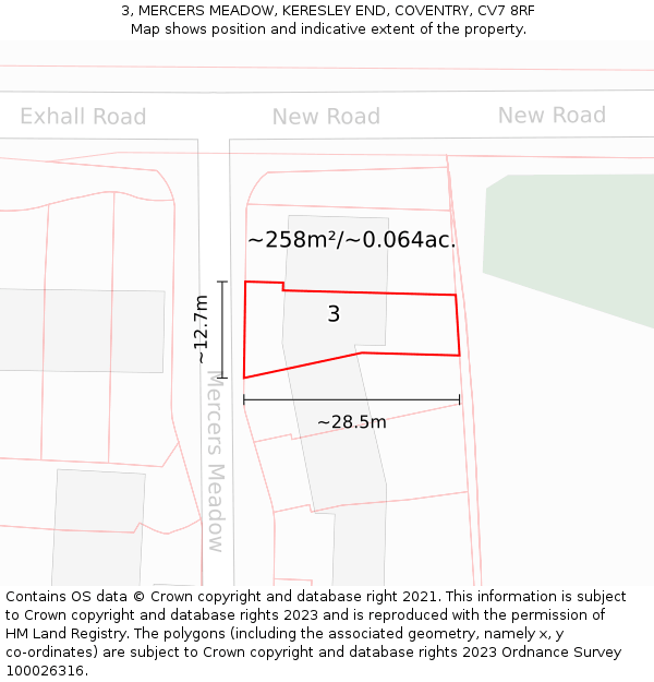 3, MERCERS MEADOW, KERESLEY END, COVENTRY, CV7 8RF: Plot and title map