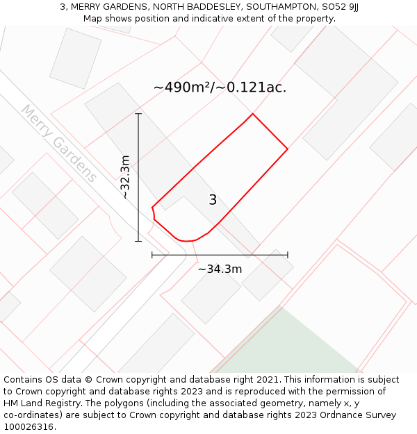 3, MERRY GARDENS, NORTH BADDESLEY, SOUTHAMPTON, SO52 9JJ: Plot and title map