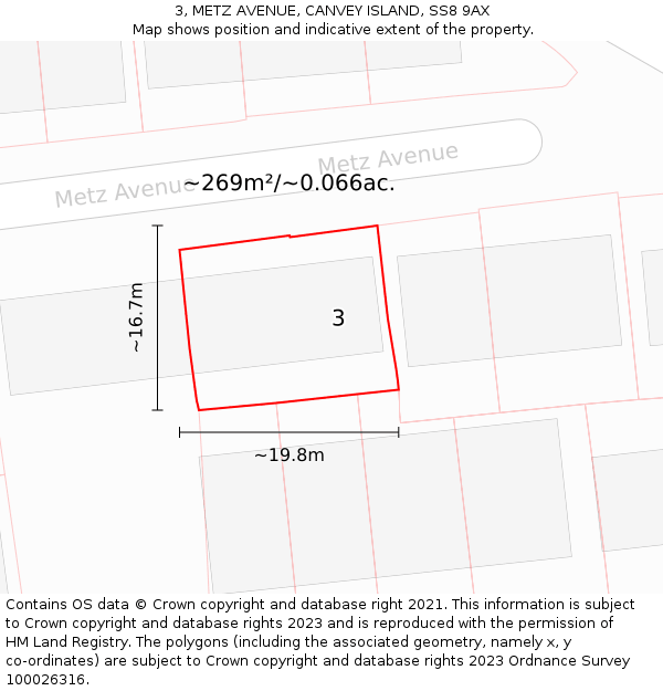 3, METZ AVENUE, CANVEY ISLAND, SS8 9AX: Plot and title map