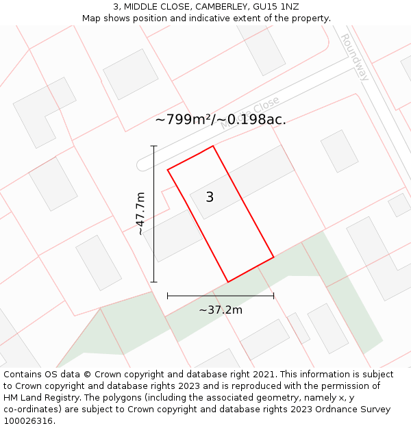 3, MIDDLE CLOSE, CAMBERLEY, GU15 1NZ: Plot and title map
