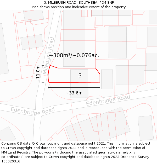 3, MILEBUSH ROAD, SOUTHSEA, PO4 8NF: Plot and title map