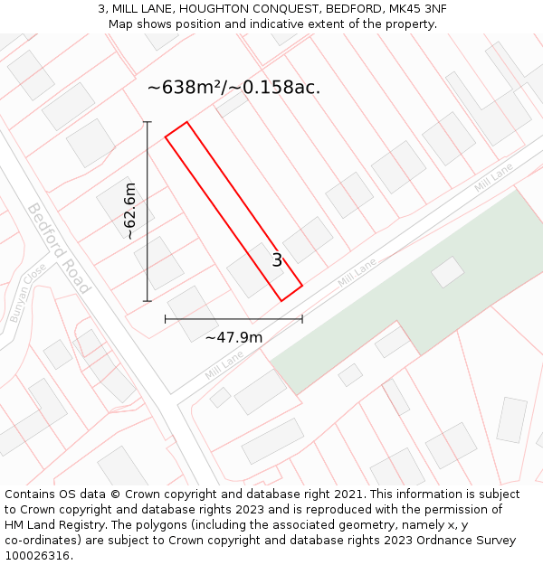 3, MILL LANE, HOUGHTON CONQUEST, BEDFORD, MK45 3NF: Plot and title map