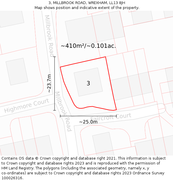 3, MILLBROOK ROAD, WREXHAM, LL13 8JH: Plot and title map