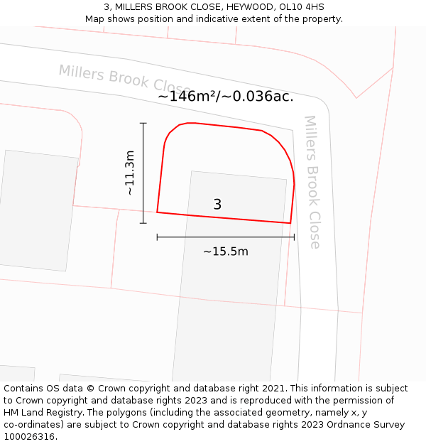 3, MILLERS BROOK CLOSE, HEYWOOD, OL10 4HS: Plot and title map