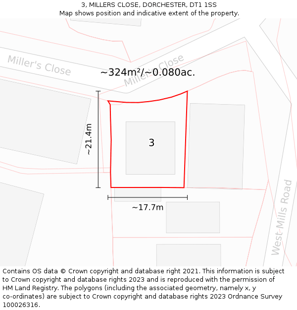 3, MILLERS CLOSE, DORCHESTER, DT1 1SS: Plot and title map