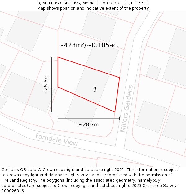 3, MILLERS GARDENS, MARKET HARBOROUGH, LE16 9FE: Plot and title map