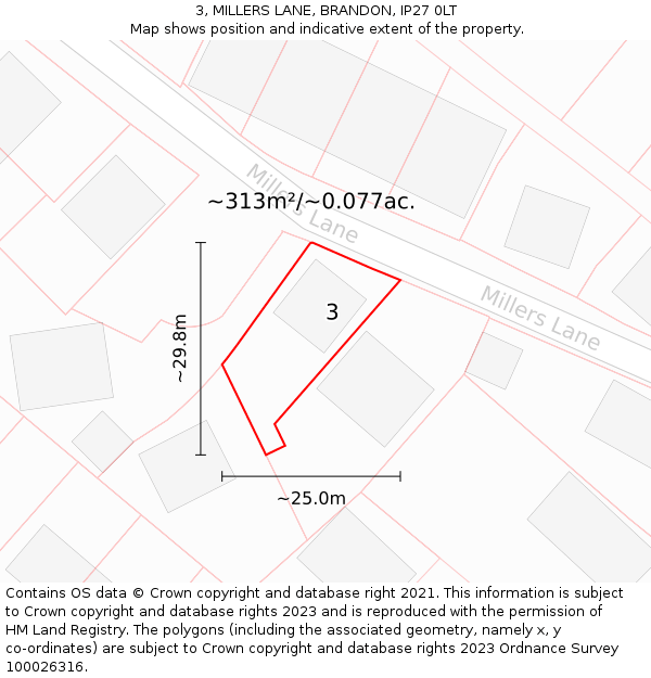 3, MILLERS LANE, BRANDON, IP27 0LT: Plot and title map
