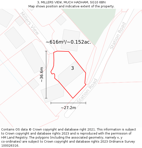 3, MILLERS VIEW, MUCH HADHAM, SG10 6BN: Plot and title map