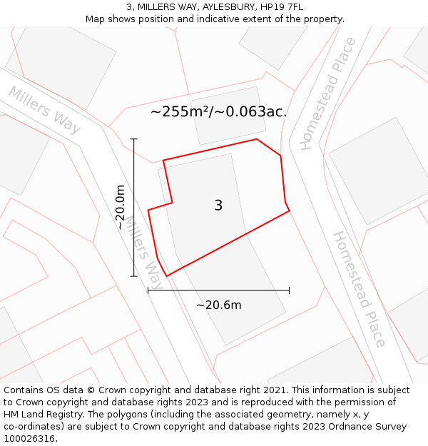 3, MILLERS WAY, AYLESBURY, HP19 7FL: Plot and title map