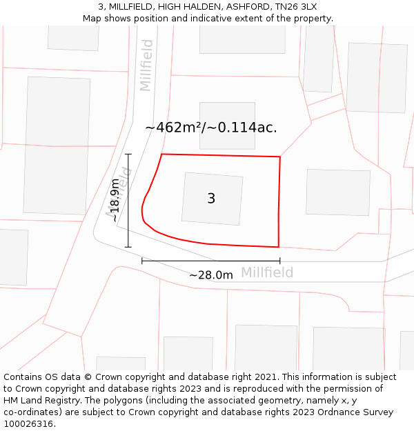 3, MILLFIELD, HIGH HALDEN, ASHFORD, TN26 3LX: Plot and title map