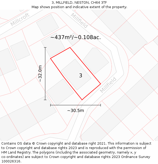 3, MILLFIELD, NESTON, CH64 3TF: Plot and title map