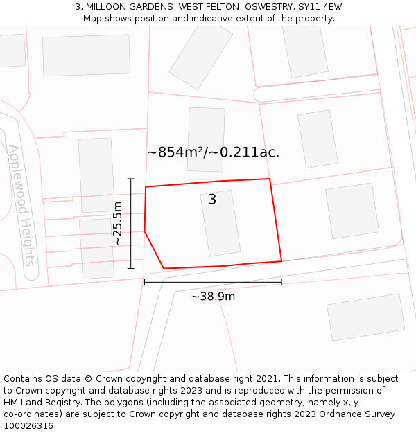 3, MILLOON GARDENS, WEST FELTON, OSWESTRY, SY11 4EW: Plot and title map