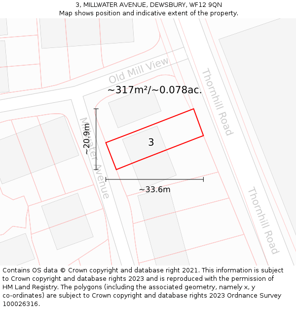 3, MILLWATER AVENUE, DEWSBURY, WF12 9QN: Plot and title map